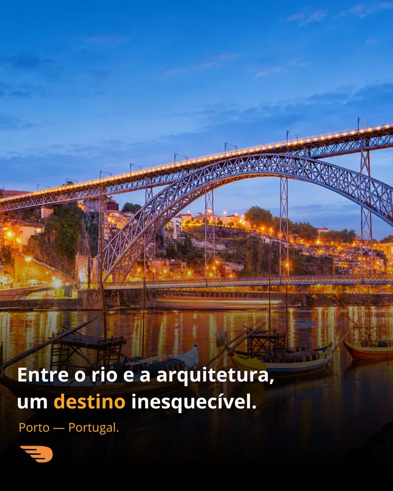Peça da Flytour Turicenter: ponte sobre o rio no Porto ao anoitecer — “Entre o rio e a arquitetura, um destino inesquecível”.